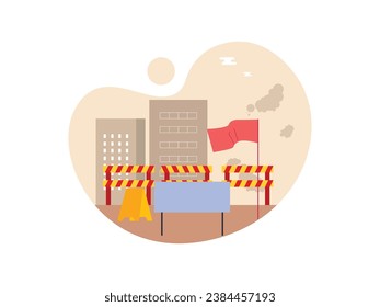 Roadblocks and dangerous demonstration flags, burning the place down by rioters. Character design. Vector flat illustration