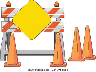 Roadblocks set. Warning and stop signs, under construction boards, yellow tape and cones