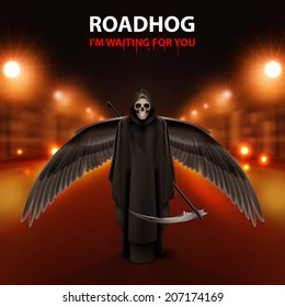 RoadHog Ilustration of black   scytheman with wings and text-i am waiting for you-over blurred road with lights