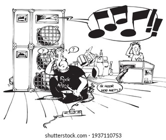 A roadie and sound engineer trying to get sound out of loudspeaker on a stage. Translation: I do not hear anything?