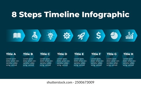 Roadmap arrows diagram. Timeline Infographic Template. Road arrow chart. Workflow structure. 8 steps task section. Parts, options creative line navigation. Chronological flowchart scheme