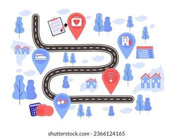 Roadmap as budget plan for healthcare goals vector illustration. Drawing of map with health or medical milestones, medical development of city. Healthcare, medicine, finances, budgeting concept