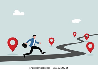 Roadmap, business journey milestones, process timeline towards success, planning steps or progress concept, businesspeople running milestone locations on business roadmap.