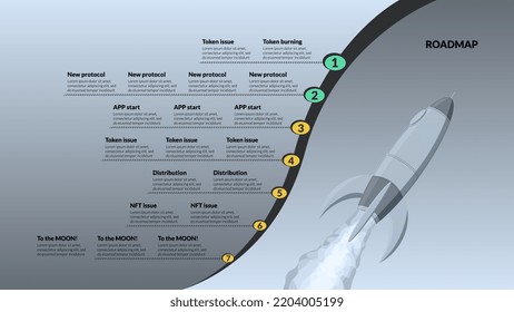 Hoja de ruta con espacio de copia en línea curva y lanzadera espacial en fondo plateado. Plantilla de línea de tiempo de infografía para presentación de negocios. Ilustración vectorial.