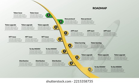 Roadmap with copy space on curved yellow line and space shuttle on gray background. Infographic timeline template for business presentation. Vector illustration.