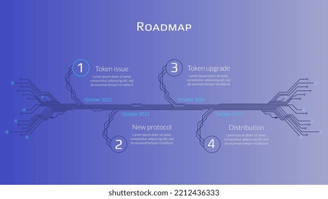 Roadmap for cryptocurrency or digital technology site on violet background. Horizontal infographic timeline with PCB tracks with copy space. Template for presentation. Vector illustration.