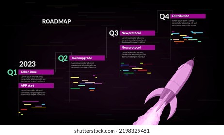 Roadmap with four sections in upward trend and spaceship on dark background. Infographic timeline template for business presentation. Vector illustration.