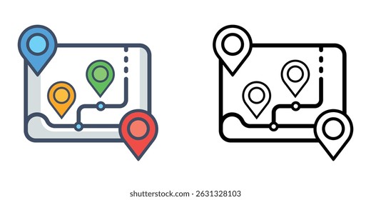 Roadmap icon solid black and color vector design. Route planning icon set navigation and directions business infographic concept. GPS map route tracking icon.