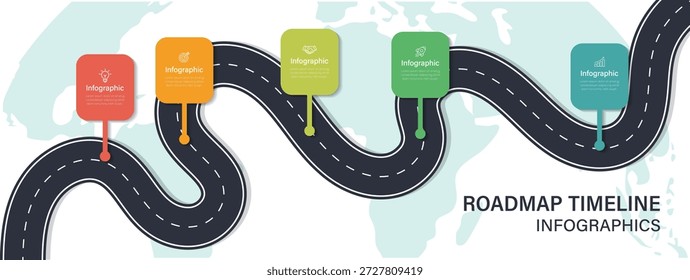 Roteiro infográfico 5 etapas do conceito de linha do tempo. Estrada sinuosa. Apresentação comercial, modelo de layout de processo.