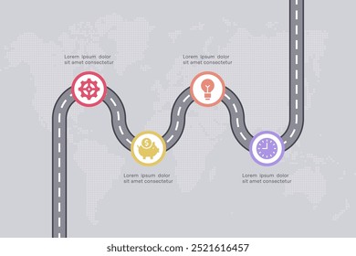 Infografía de hoja de ruta con iconos de negocios y finanzas, 4 nodos en el fondo del mapa mundial, Ilustración vectorial