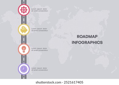 Infografía de hoja de ruta con iconos de negocios y finanzas, 4 nodos en el fondo del mapa mundial, Ilustración vectorial