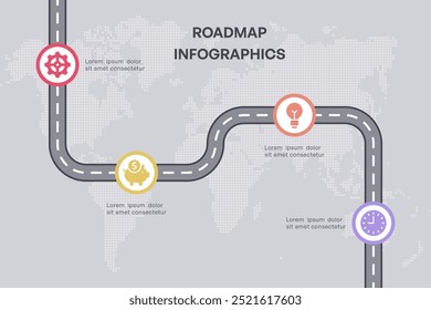 Infografía de hoja de ruta con iconos de negocios y finanzas, 4 nodos en el fondo del mapa mundial, Ilustración vectorial