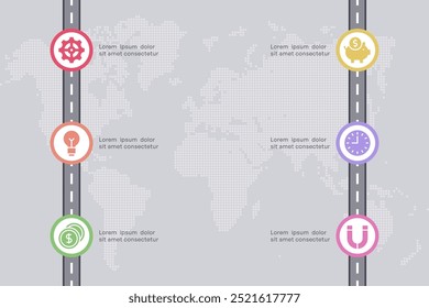 Roadmap Infographic with Business and Finance Icons, 6 Nodes on World Map Background, Vector Illustration