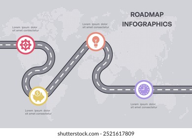 Infografía de hoja de ruta con iconos de negocios y finanzas, 4 nodos en el fondo del mapa mundial, Ilustración vectorial