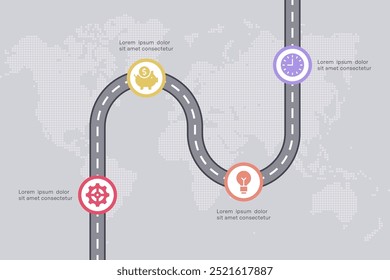 Infografía de hoja de ruta con iconos de negocios y finanzas, 4 nodos en el fondo del mapa mundial, Ilustración vectorial