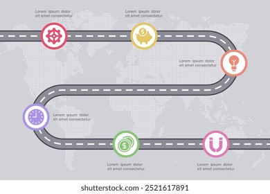 Roteiro Infográfico com ícones de negócios e finanças, 6 nós no fundo do mapa mundial, ilustração vetorial
