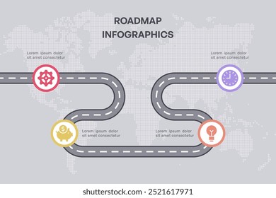 Infografía de hoja de ruta con iconos de negocios y finanzas, 4 nodos en el fondo del mapa mundial, Ilustración vectorial