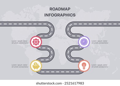 Infografía de hoja de ruta con iconos de negocios y finanzas, 4 nodos en el fondo del mapa mundial, Ilustración vectorial