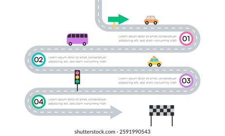 Roadmap Infographic with Cars, Traffic Lights, and Numbered Steps on Winding Path Vector Illustration