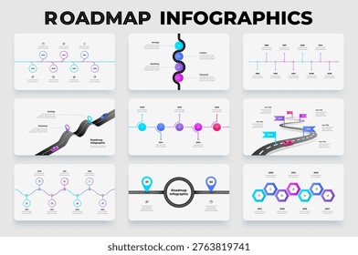 Roadmap infographic diagrams set with curved road timeline paths milestone nodes and horizontal timeline layouts.