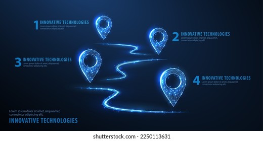 Roadmap. Infographic with four pin icons and curves that indicate route. Company evolution diagram, growth graph, education process infographic, journey timeline, year plan, roadmap graphic concept