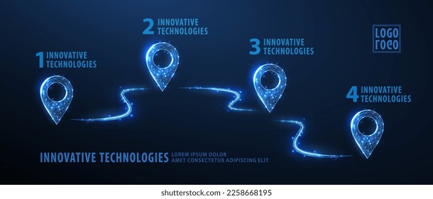 Roadmap. Infographic with four pin icons and curves that indicate route. Company evolution diagram, growth graph, education process infographic, journey timeline, year plan, roadmap graphic concept