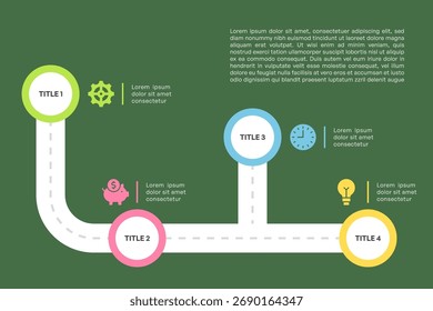Infográfico de roteiro com quatro etapas e ilustração de vetor de caminho curvo