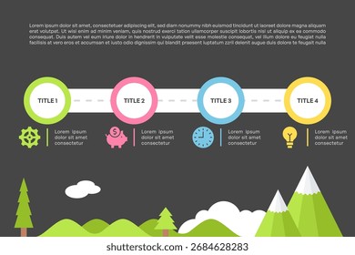 Roadmap Infographic with Four Steps and Mountain Landscape Vector Illustration