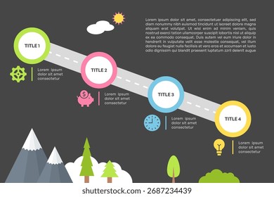Infografía de la hoja de ruta con cuatro pasos y Ilustración vectorial del camino inclinado