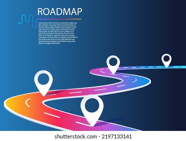 Roadmap infographic with milestones. Business concept for project management or business journey. Vector illustration of a winding road in dark mode design.