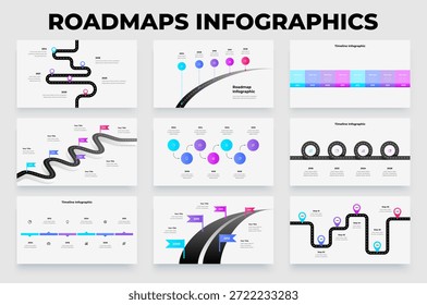 Plantilla de presentación de infografía de hoja de ruta, Conjunto de diagramas de línea de tiempo, Colección de hoja de ruta de planificación empresarial, Vector de línea de tiempo de estrategia.