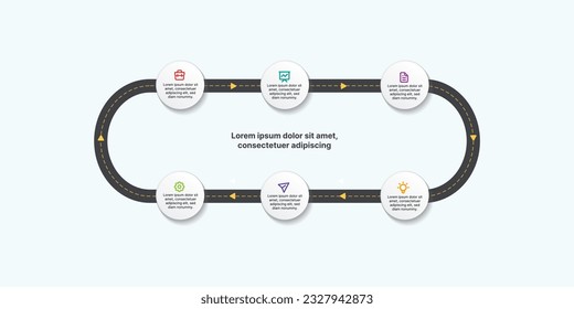 Roadmap infographic with six stop for content used to show data progress illustrations
