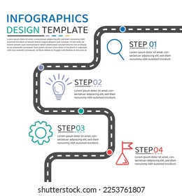 plantilla de mapa de ruta Infografía. Viaje de línea de tiempo de 4 pasos, calendario Plano sencillo de diseño de infografías. gráfico de presentación. Concepto de negocio con 4 opciones, ilustración de vector de carretera.