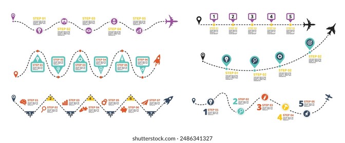 Roadmap infographic template. Business launch steps on dashed line, startup strategy routes and flight path timeline routes with pinpoint location icons on journey stages. Vector set.