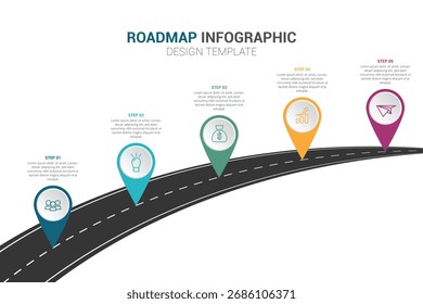Plantilla de infografía de hoja de ruta con cinco hitos e iconos