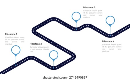 Roadmap infographic template with four milestones. Functional timeline design for business process, strategy planning, and project steps progress.