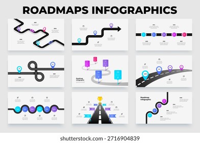 Plantilla de infografía de hoja de ruta para presentación, ruta de línea de tiempo con hitos, diagrama de progresión de viaje para planificación, estrategia, objetivos, pasos anuales y diapositivas de desarrollo comercial