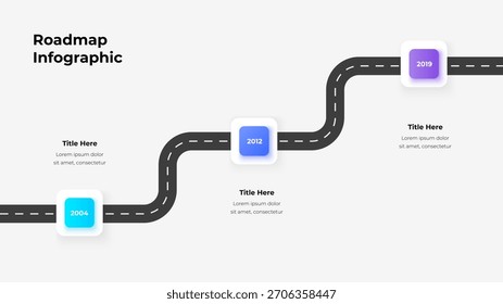 Vector de infografía de hoja de ruta. Diagrama de ruta curva con tres hitos para empresas. Progreso. Planificación y visualización de estrategias.