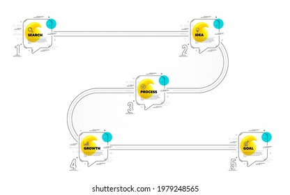 Roadmap journey 5 steps timeline with icons. Research idea, growth chart and goal target icons. Timeline with quote square speech bubbles. Infographic roadmap diagram with 5 steps numbers. Vector