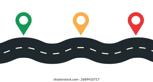 Uma jornada de roteiro com pinos de localização mostrando navegação, direção e destino em um caminho sinuoso. Representa viagem e planejamento.