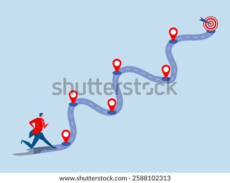 Roadmap journey step planning ,businessman running on milestone location pin on business roadmap.project milestone or business journey achievement, workflow or process timeline to success