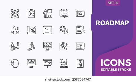 Roadmap linear icon collection. Action Plan modern icons. Web icons. Minimalist editable vector stroke.