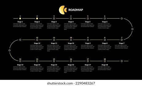 Roadmap with many milestones on golden winding line on black background. Horizontal infographic timeline template for presentation. Vector illustration.