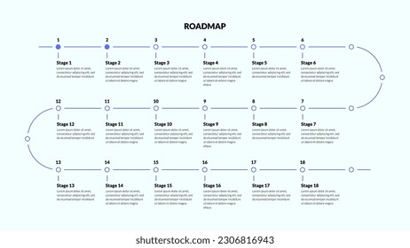 Roadmap with many milestones on winding line. Horizontal infographic timeline template for presentation. Vector illustration.