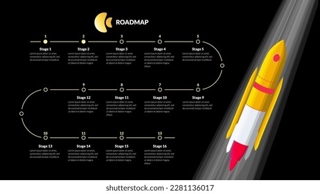 Hoja de ruta con hitos en la línea dorada sinuosa y cohete volador sobre fondo negro. Plantilla de línea de tiempo de infografía horizontal para presentación. Ilustración vectorial.