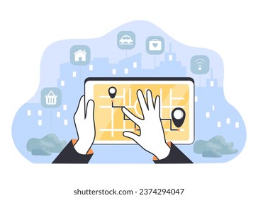 Roadmap of online learning on screen vector illustration. Hands holding tablet and making travel route on digital map, shop, transport and house icons around. Navigation, education concept