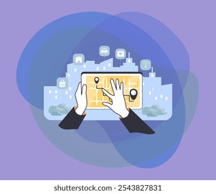 Roadmap of online learning on screen vector illustration. Hands holding tablet and making travel route on digital map, shop, transport and house icons around. Navigation, education concept