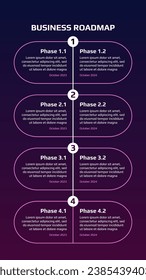 Hoja de ruta con estadios ovalados sobre fondo de gradiente magenta oscuro. Plantilla de línea de tiempo de infografía vertical para presentación de negocios. Ilustración vectorial.