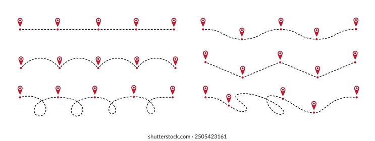 Roadmap path. Timeline dashed line, way route chart and road steps with pin points for customer journey business infographic design. Success process diagram vector set. Pathway and options for report.