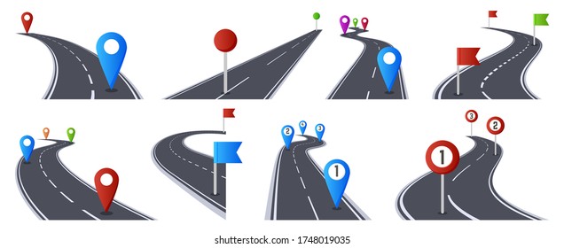 Roadmap with pins. Bending asphalt roads navigation infographic, marked route, way direction road isolated vector illustration set. Road path way, roadmap infographic line, asphalt graphic